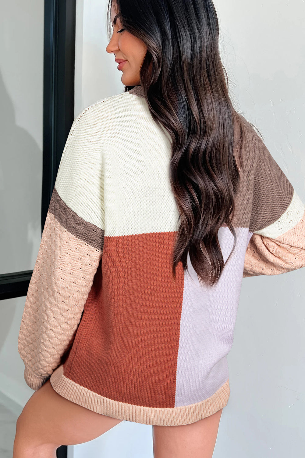 Colorblock Texture Knit Baggy Sweater Coffee Mix