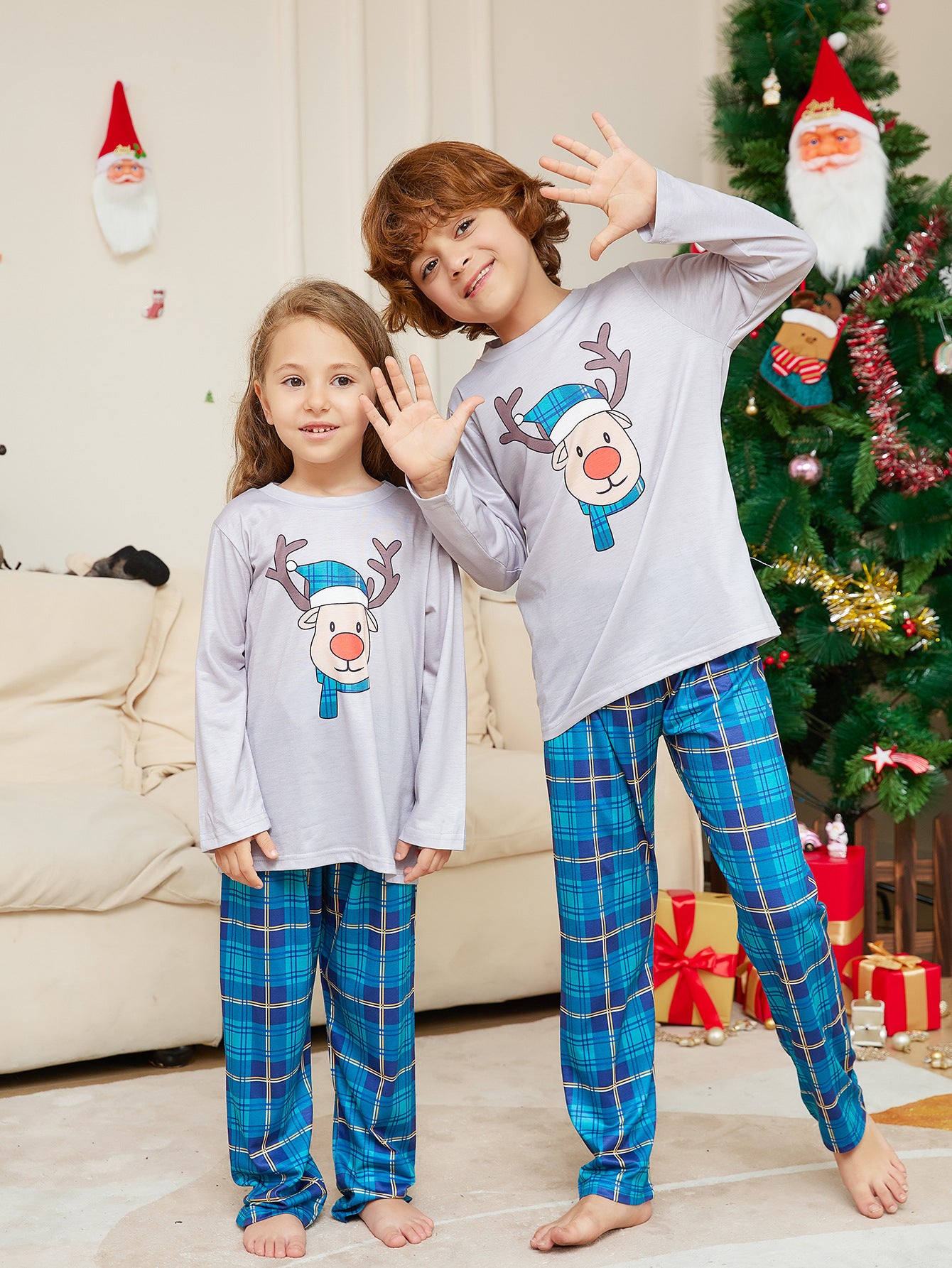 Blue Plaid Crew Neck Long Sleeve Christmas Cartoon Deer Head Pajamas Suit