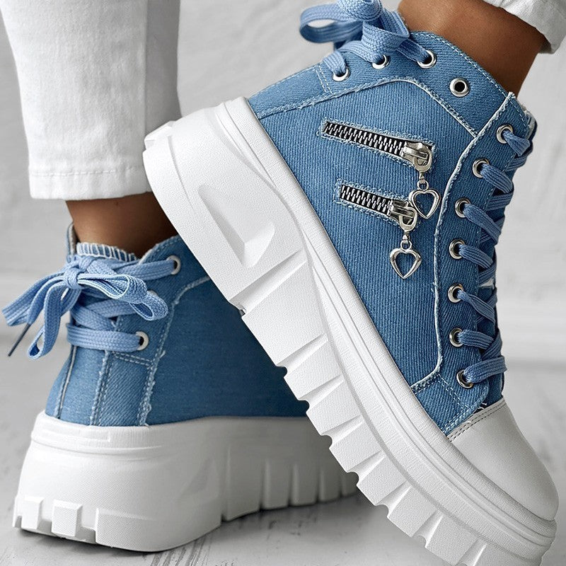 Muffin Heel Side-Zipper Dual Lace-Up Casual Sneakers Women