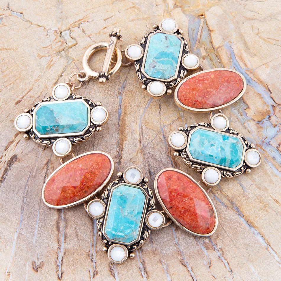 Blue Turquoise and Orange Coral Golden Link Bracelet by Champs