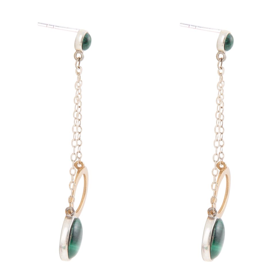 Green Malachite Circle Two-Toned Metal Dangle Earrings Barse Jewelry