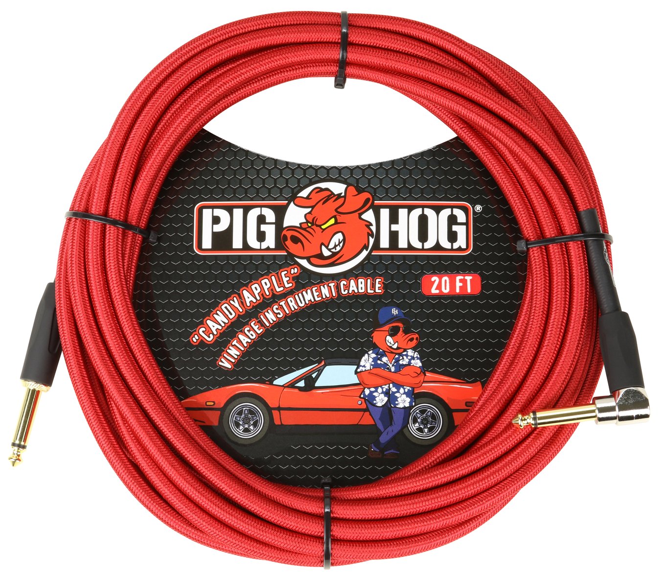 Pig Hog Candy Apple Red 20ft 1/4 Guitar Instrument Cable Cord Right-Angle 2 Pack