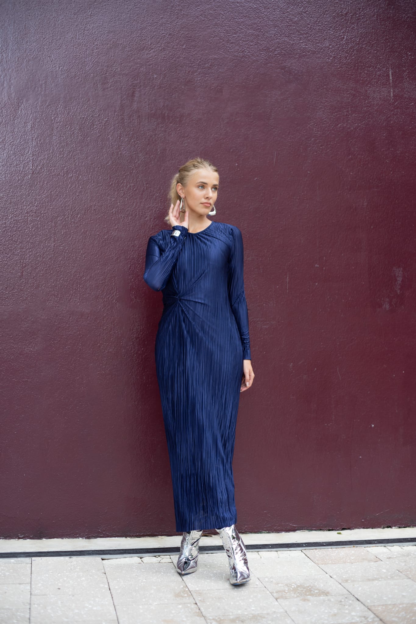 Navy Pleated Maxi Dress Esteem Couture