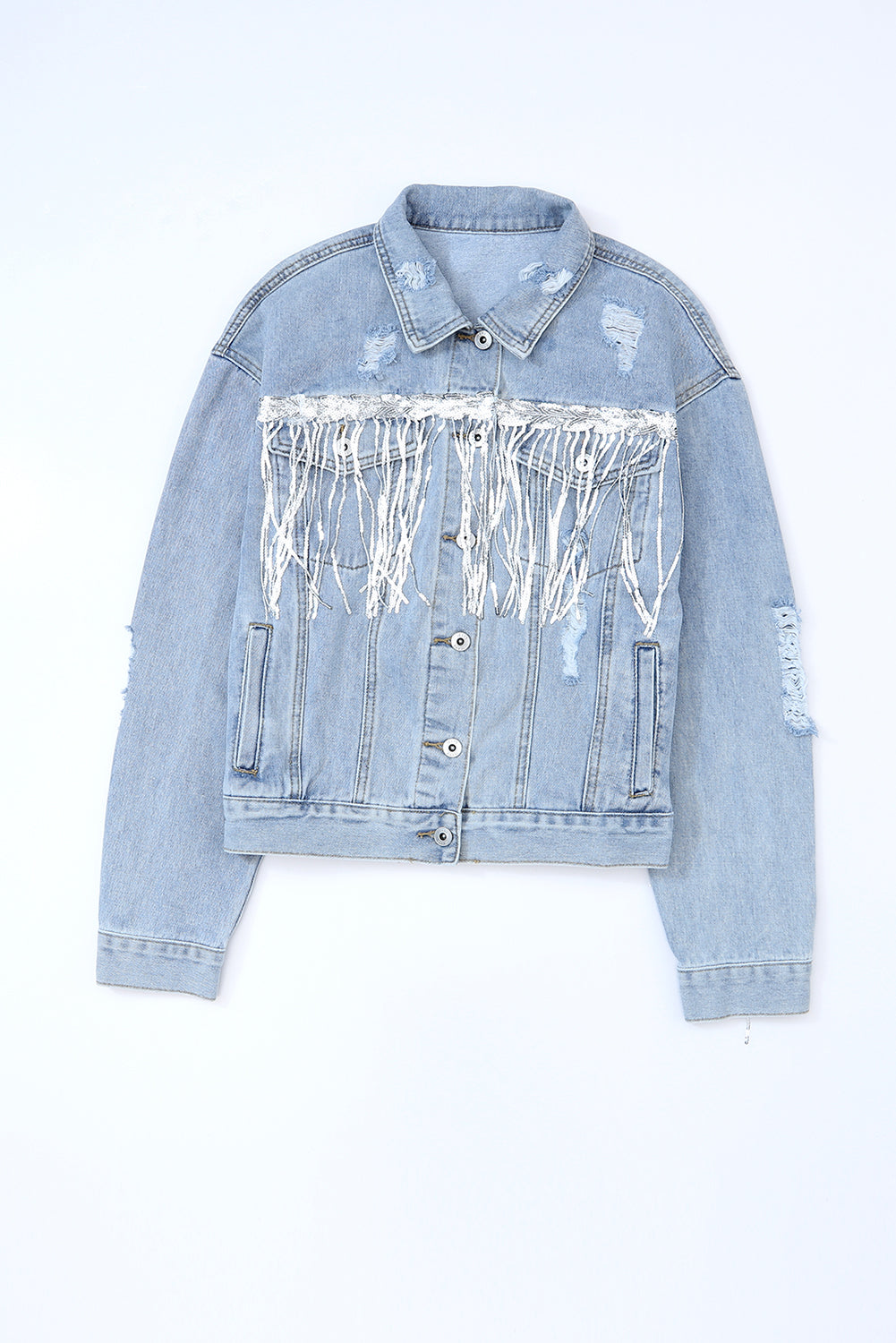 Blue Sequined Fringe Distressed Denim Jacket Button Up