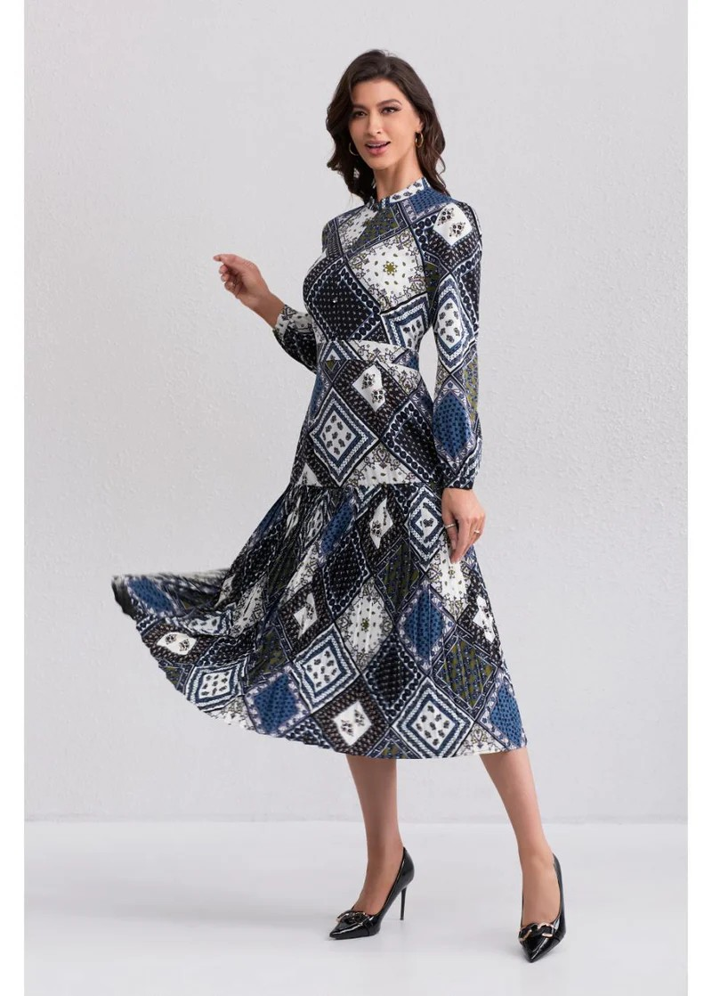 Diamond Print Navy Black White Midi Dress Miss Finch NYC