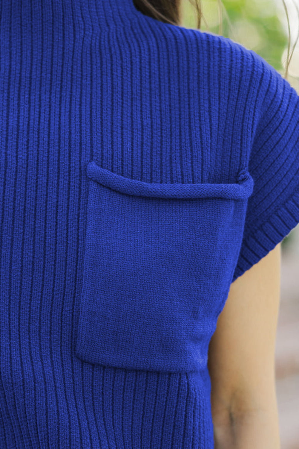 Dark Blue Ribbed Knit Short Sleeve Sweater