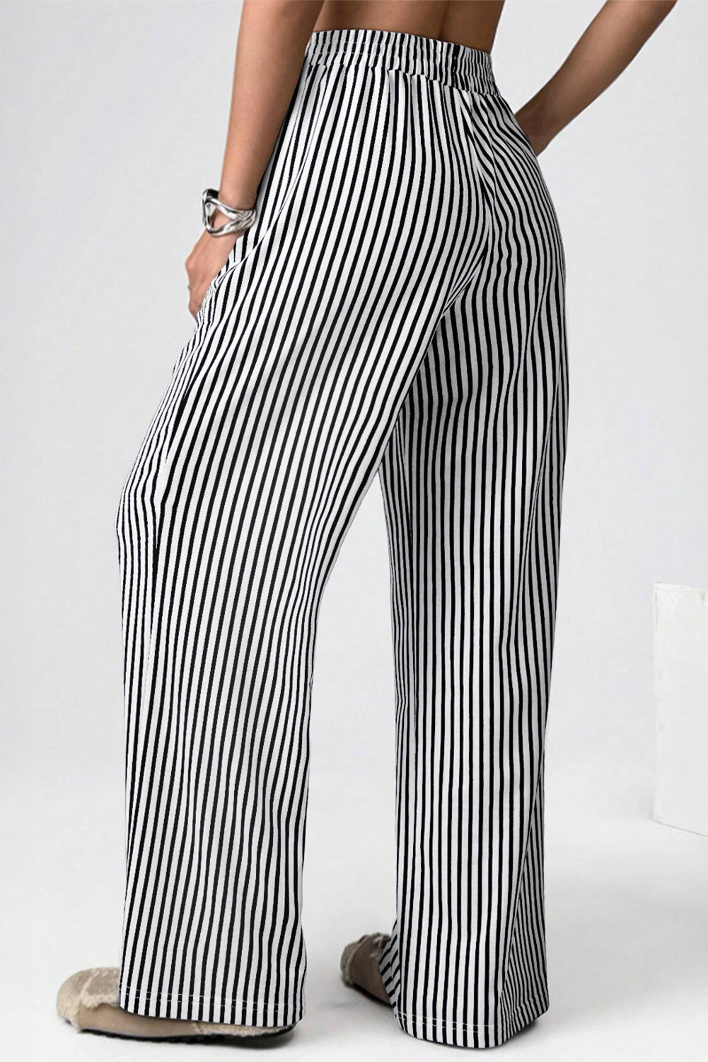 Black Stripe Elastic High Waist Loose Pocketed Pants