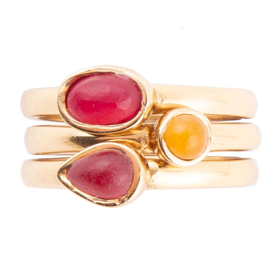 Red and Yellow Agate Dainty Stackable Golden Ring Set