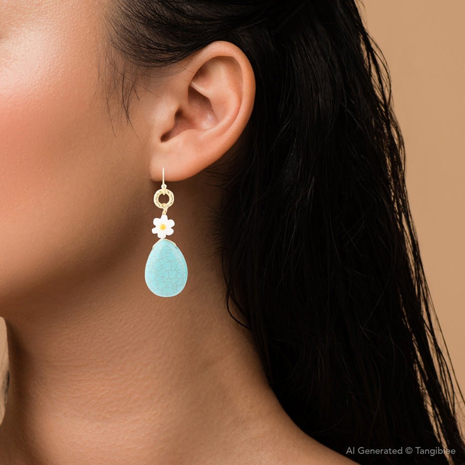 Blue Turquoise Magnesite Flower Golden Drop Earrings Dani