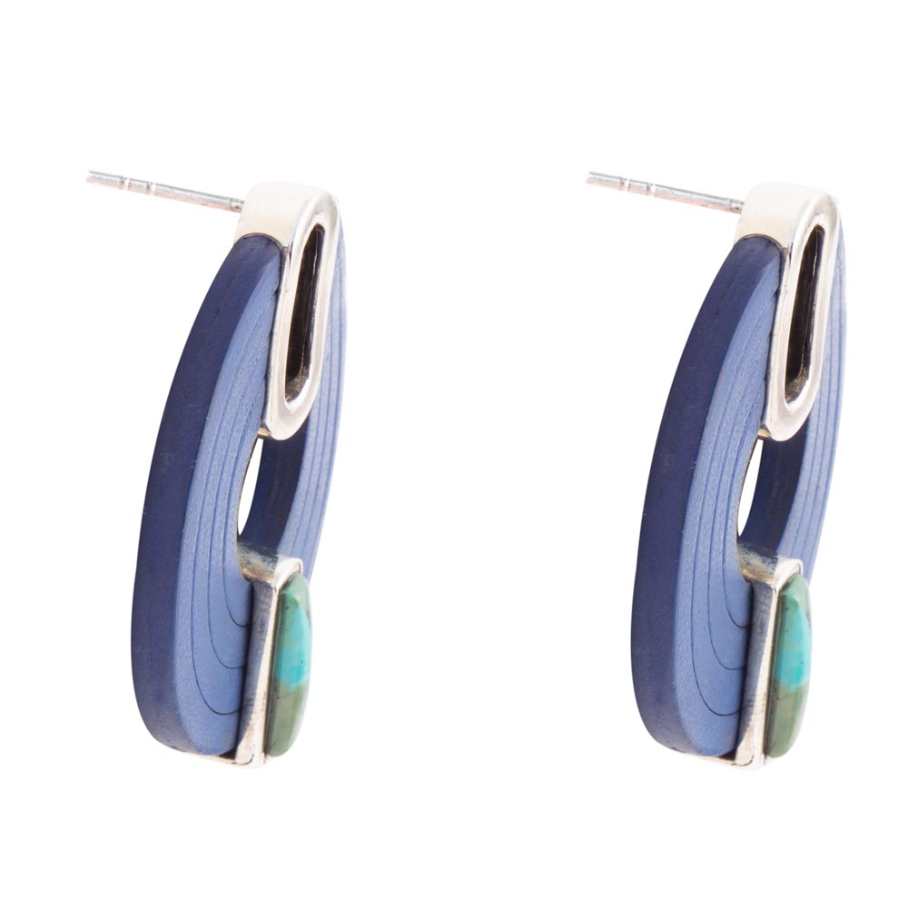 Blue Turquoise Leather Sterling Silver Earrings Discus