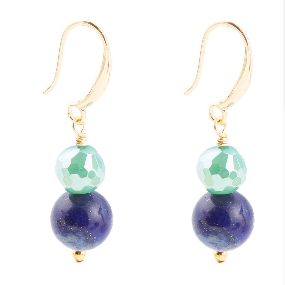 Dreamy Blue Lapis Green Golden Drop Earrings Lightweight Brass Jewelry