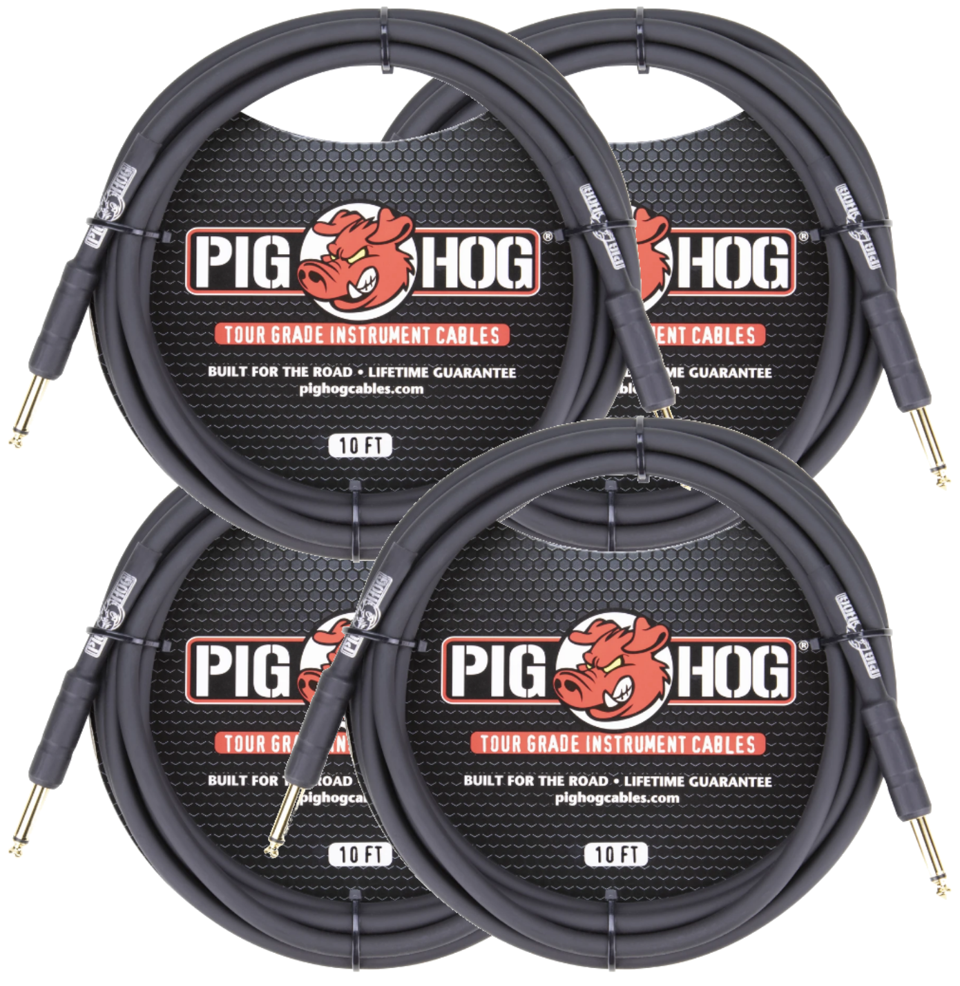 Pig Hog PH10 10ft 8mm Black Instrument Tour Grade Cable 4 Pack