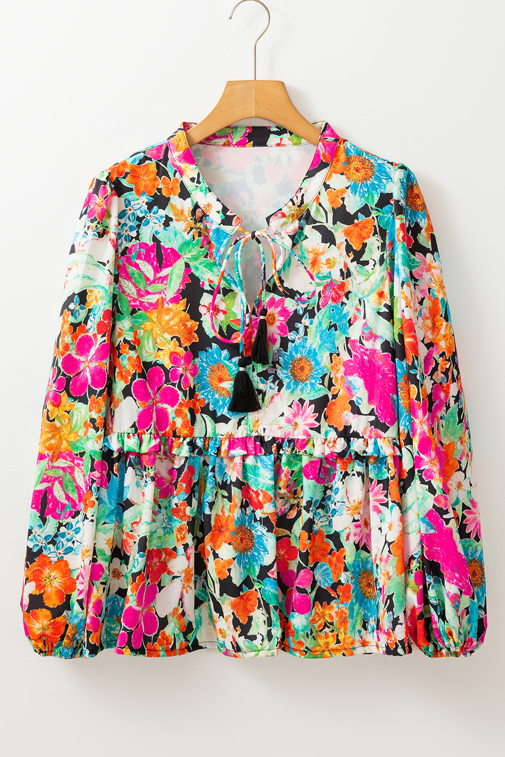 Multicolour Boho V Neck Lantern Sleeve Blouse