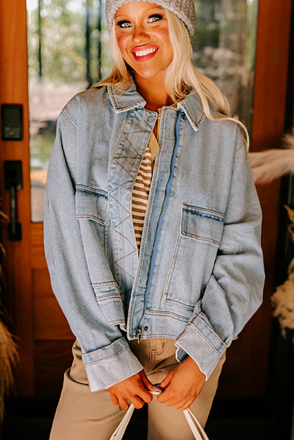 Washed Denim Zip Up Street Style Jacket Beau Blue