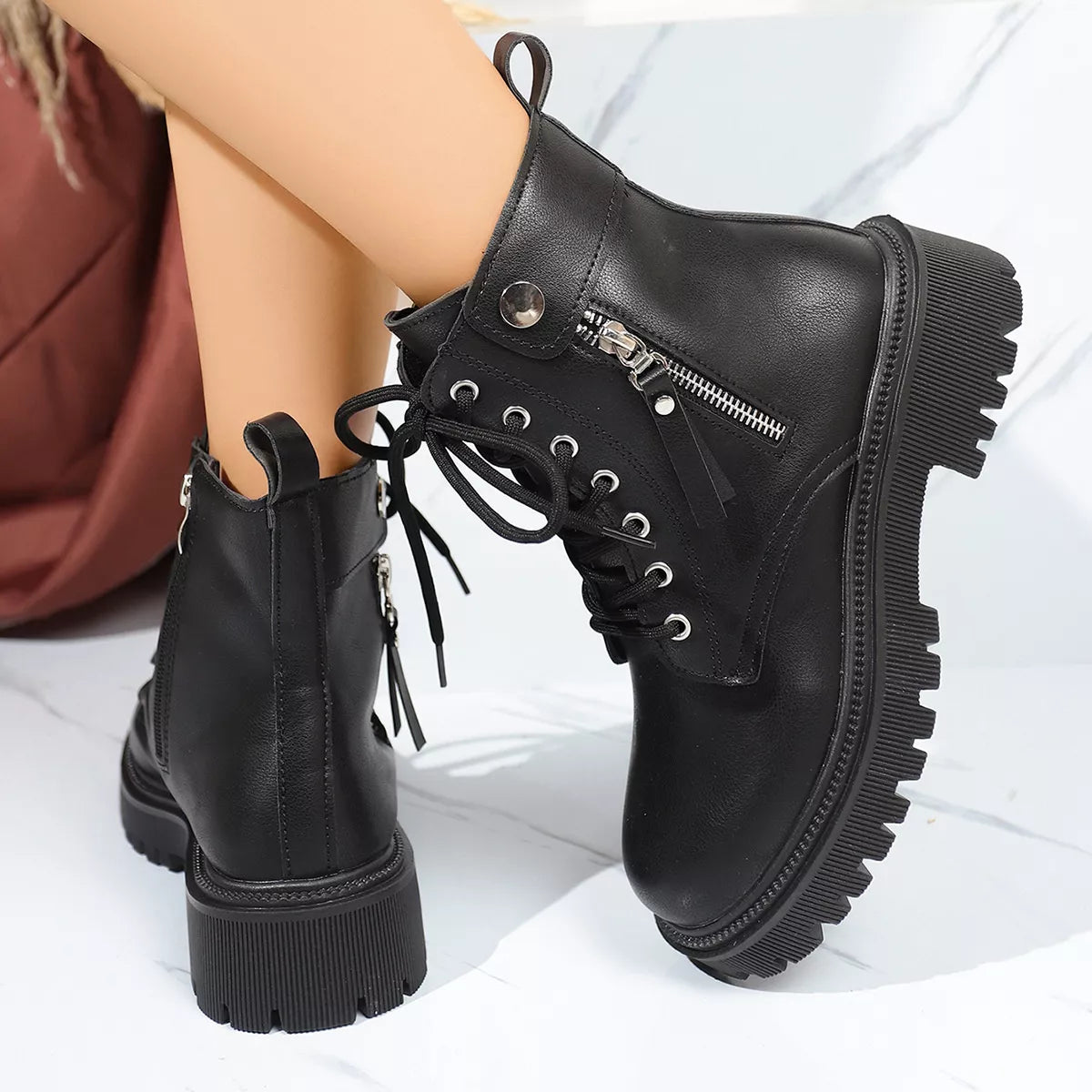 Round Toe Mid-Heel Block Heels Boots