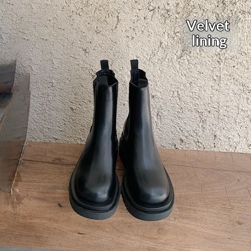 British-Style Mid-Calf Thick-Soled Leather Boots Women’s