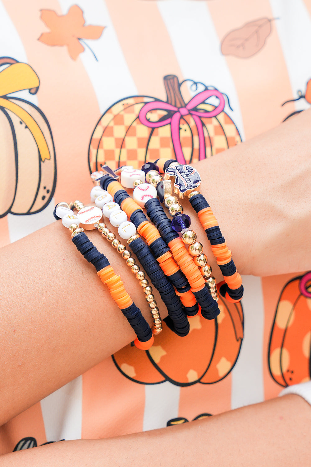 Russet Orange Stackable Football Bracelet Set 7pcs