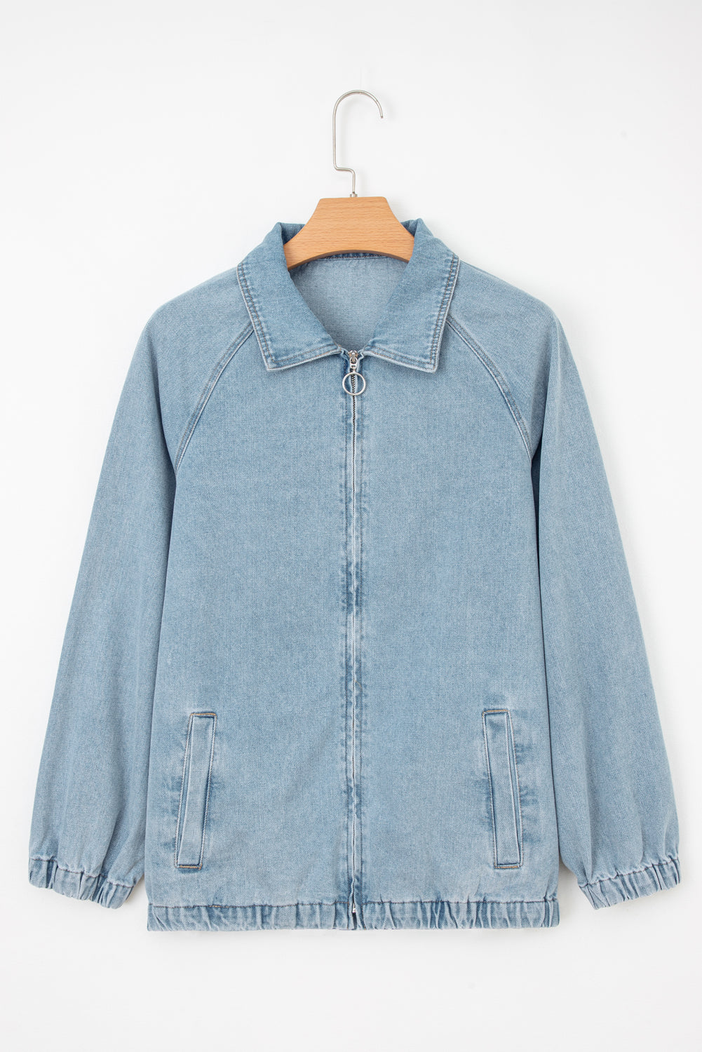 Elastic Hem Collared Zip Up Denim Jacket Myosotis