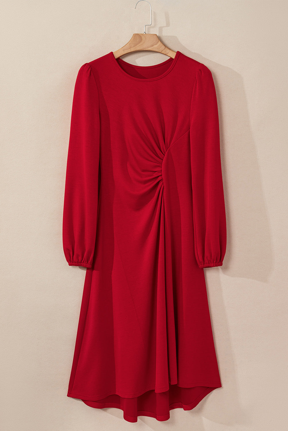 Fiery Red Ruched Detail Long Sleeve Midi Dress