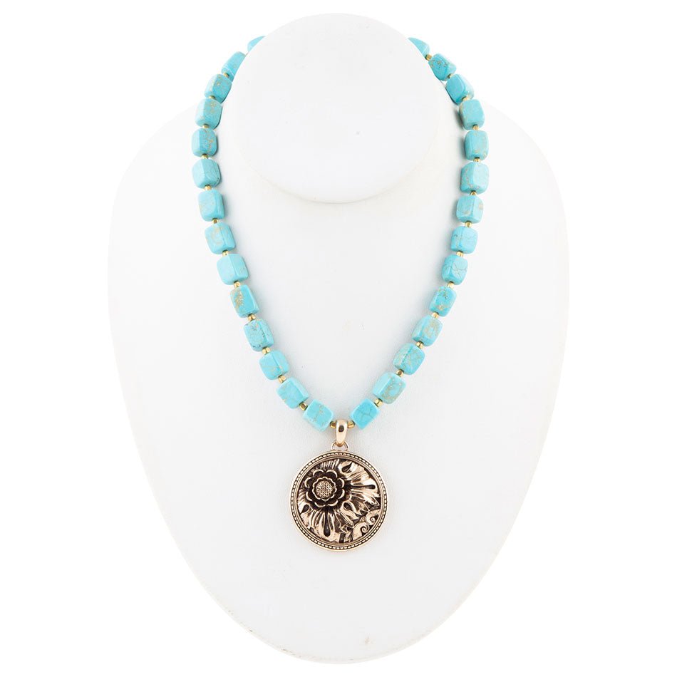 Flourished Golden Bronze Pendant Blue Turquoise Magnesite Necklace