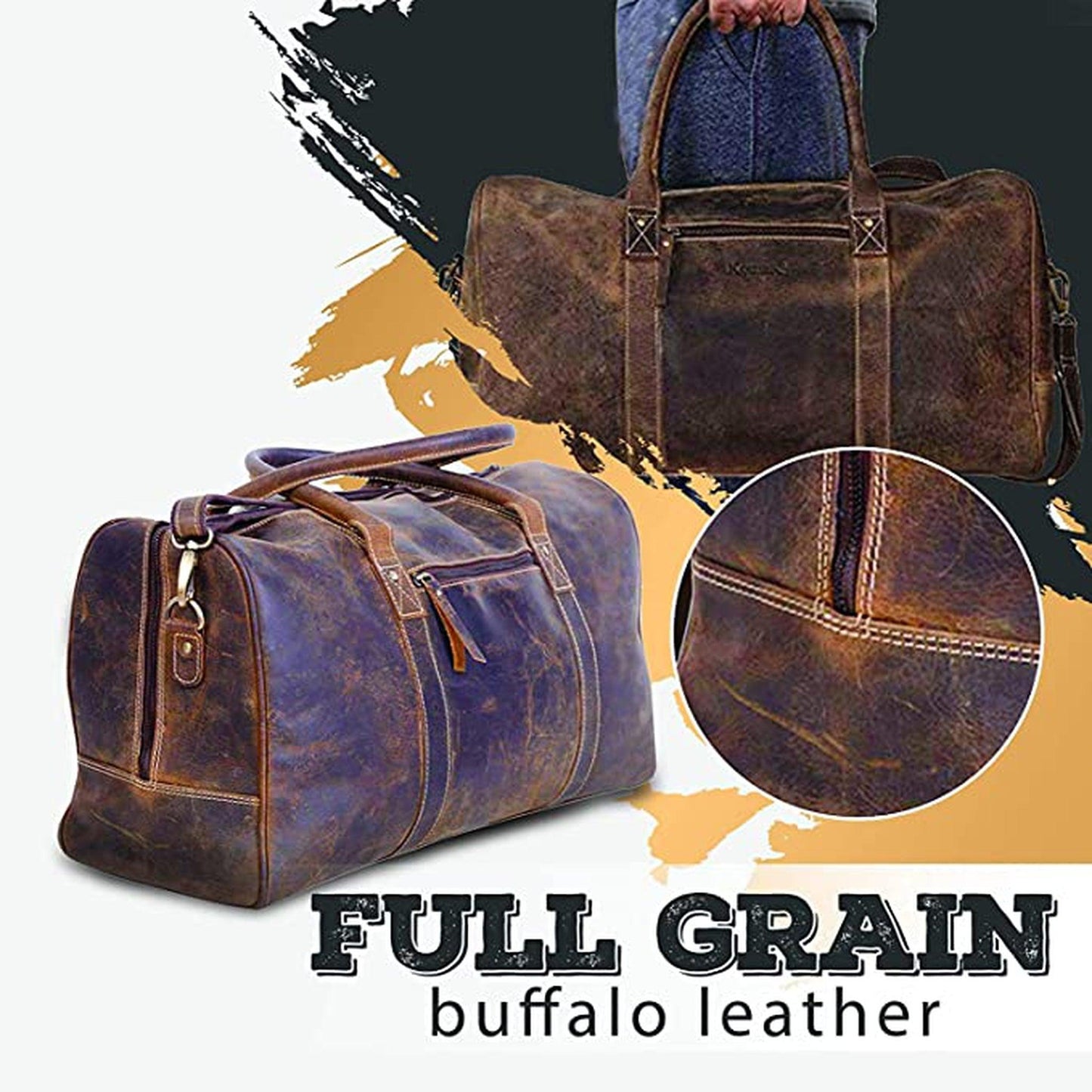 FR Fashion Co. 20" Men's Vintage Distressed Buffalo Leather Duffle Bag