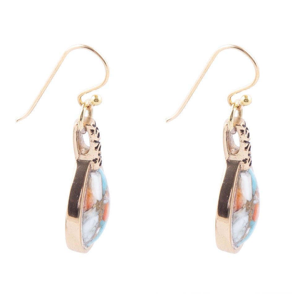 Turquoise and Spiny Oyster Shell Stone Mix Golden Earrings 1.5 Inch Length