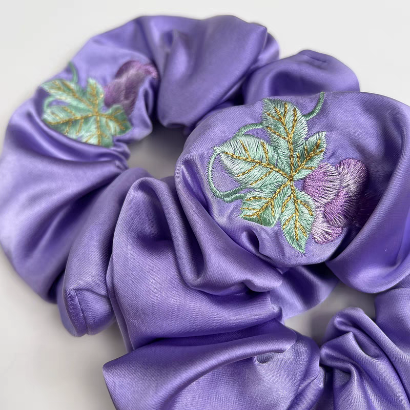 Grape Pattern Embroidered Satin Scrunchies Hair Accessory