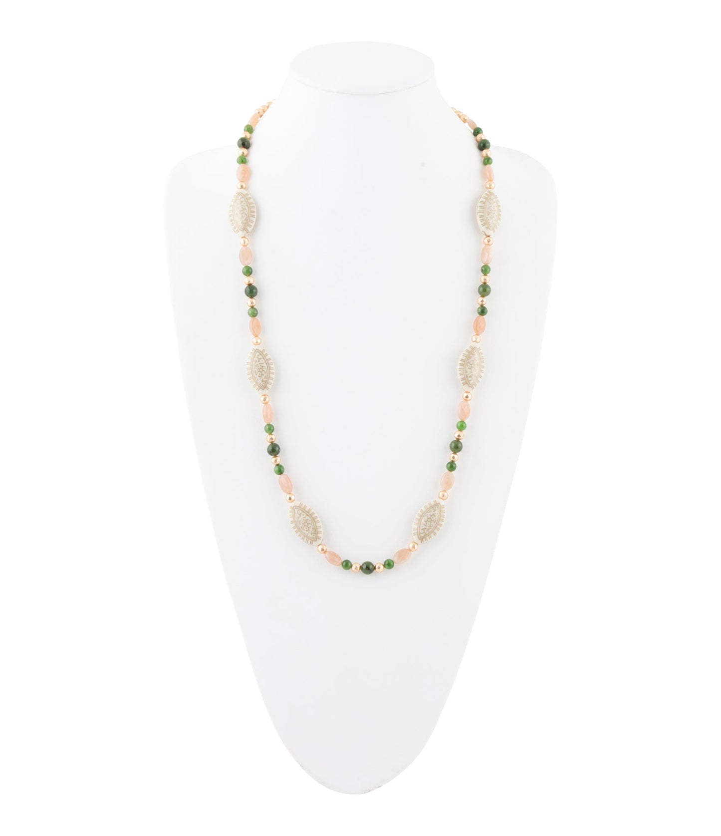 Green Jade and Pink Sunstone Golden Necklace