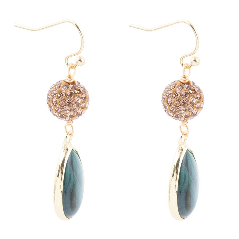 Jeweled Green Malachite Golden Drop Earrings