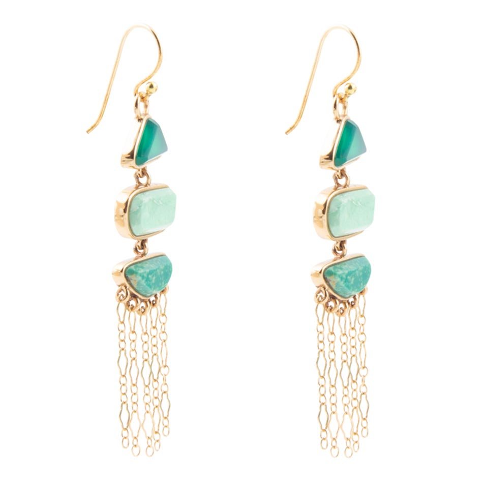 Green Multi Stone Golden Drop Earrings with Green Onyx Varacite Amazonite