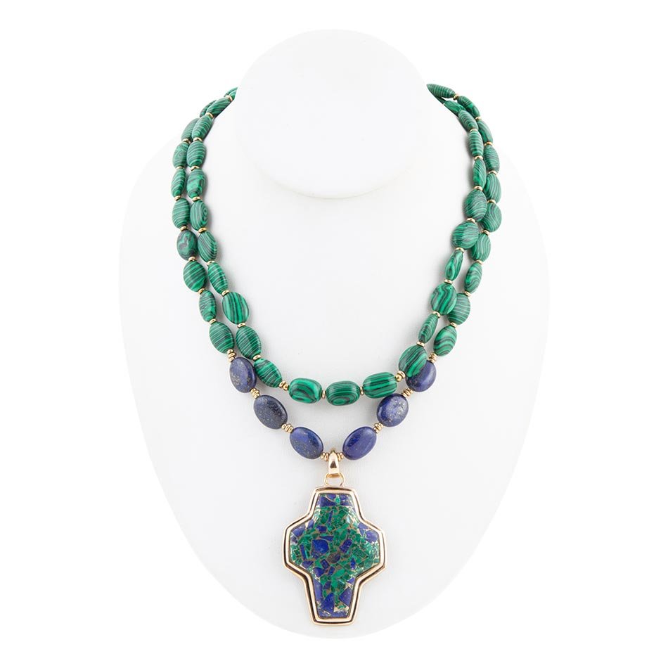 Green Malachite Azurite Cross Statement Golden Necklace