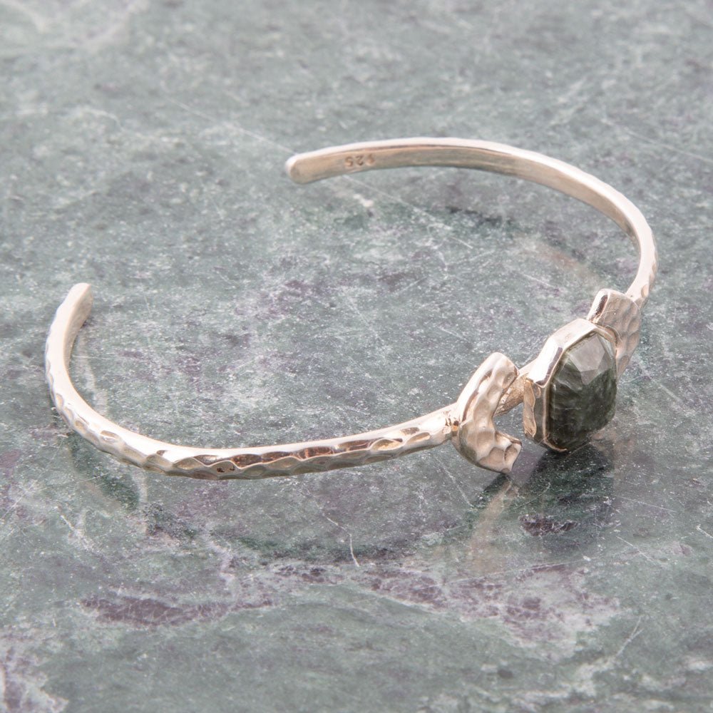 Hammered Green Seraphinite Sterling Silver Cuff Bracelet