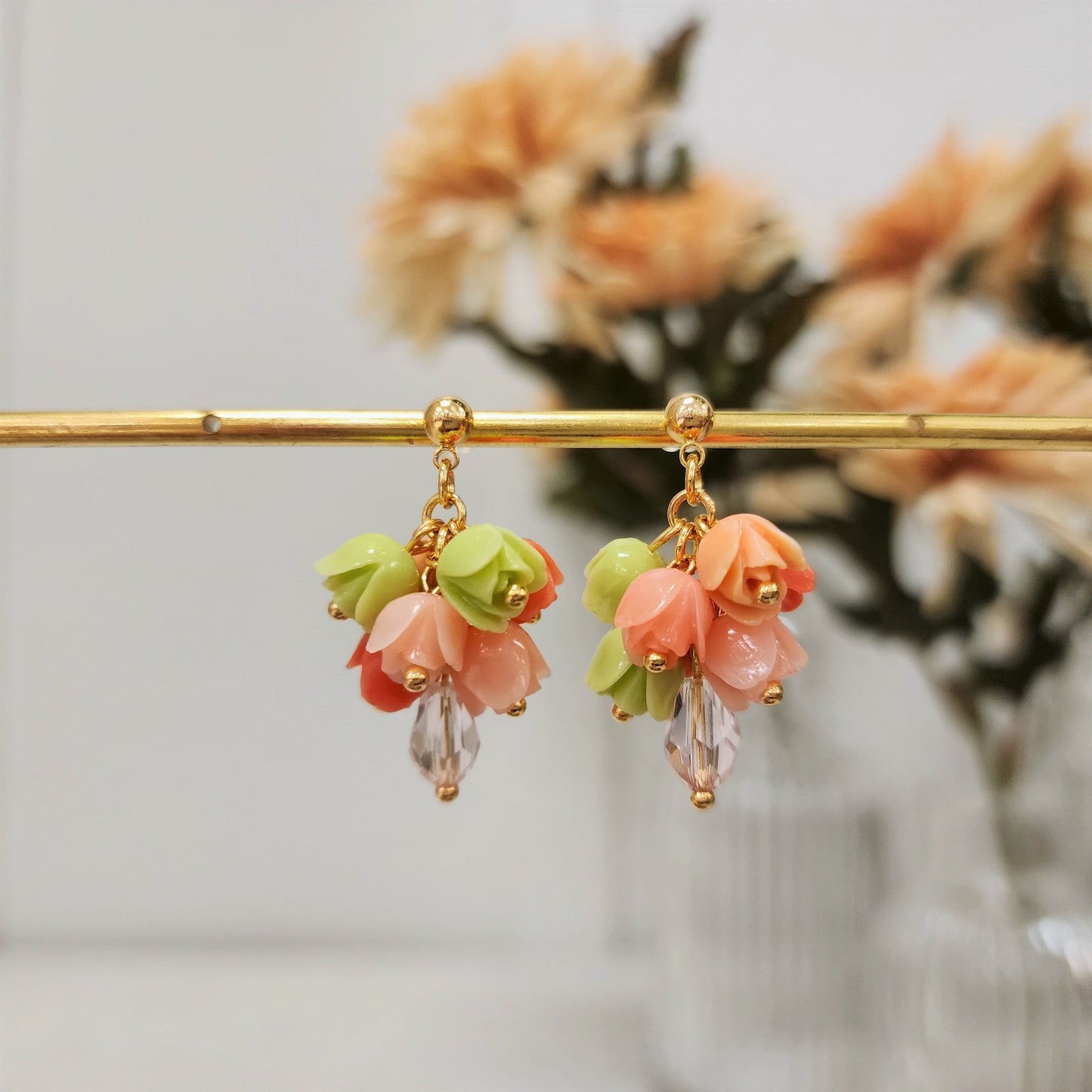 Tulip Bouquet Colorful Resin Flower Earrings 14k Gold Plated