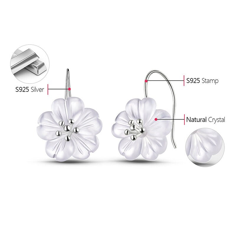 Flower in the Rain White Crystal 925 Silver Dangle Earrings