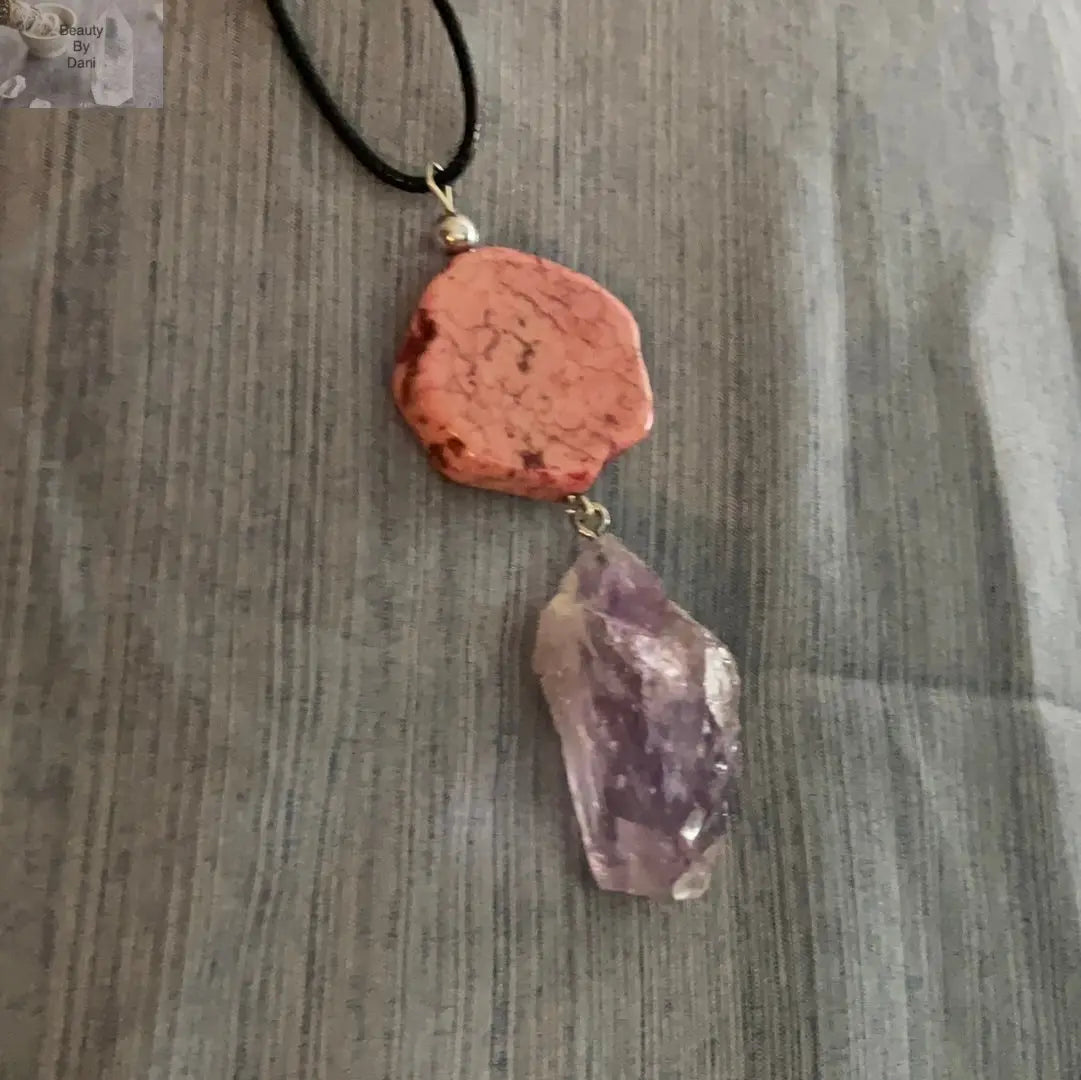 Amethyst and Jasper Pendant Necklace Leather Cord Jewelry