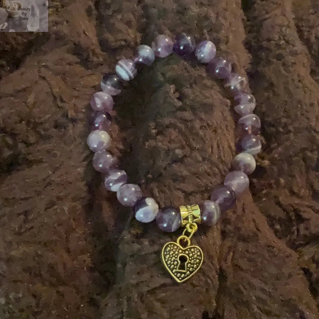 Amethyst 8mm Beads Heart Bracelet