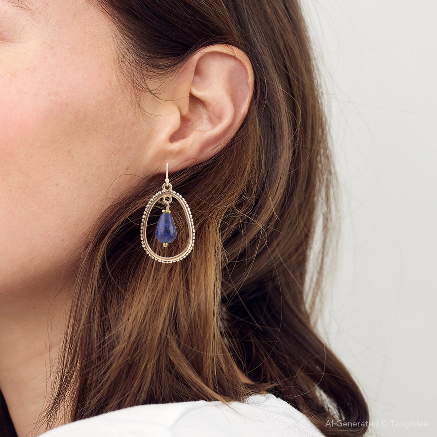 Inline Blue Lapis Drop Golden Earrings Semi-Oval Brass