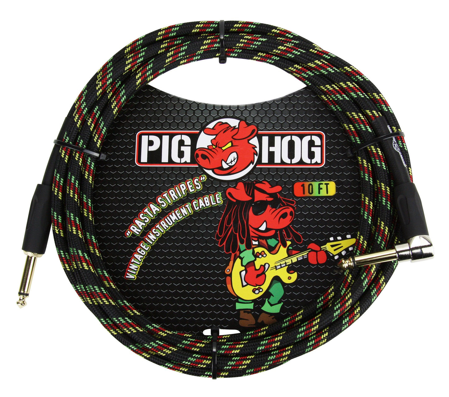 Pig Hog Rasta Stripe Woven 1/4' Straight to 1/4' Right Angle Instrument Cable 10ft