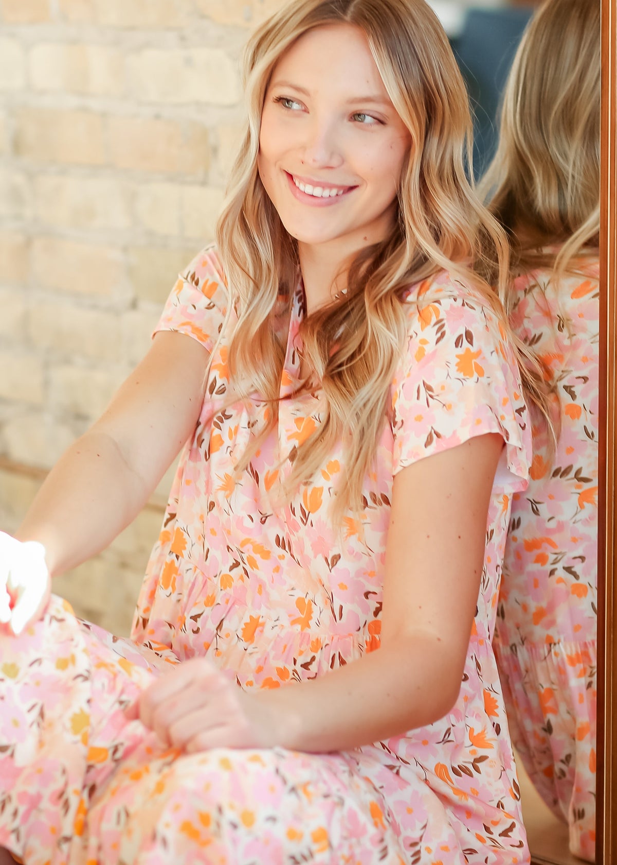 Floral Pink Midi Dress Flutter Sleeve Jaydrien