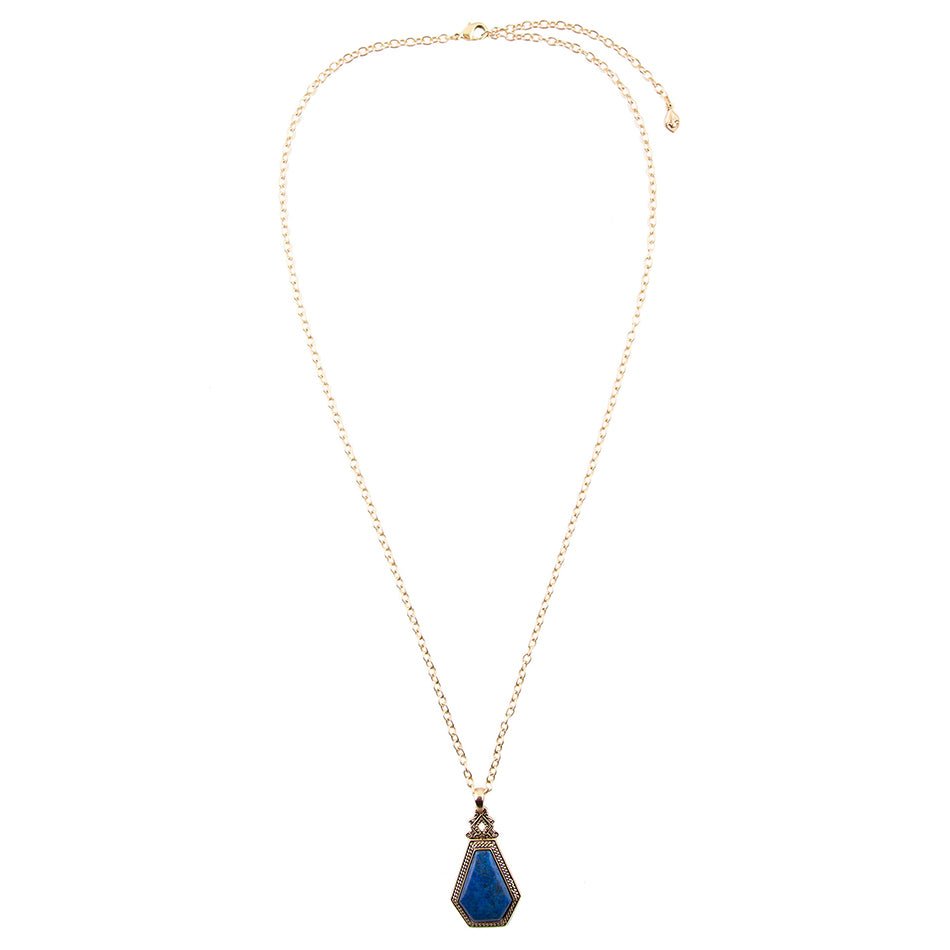 Blue Lapis Golden Elongated Pendant Necklace 30-32 Inch Chain Barse Jewelry