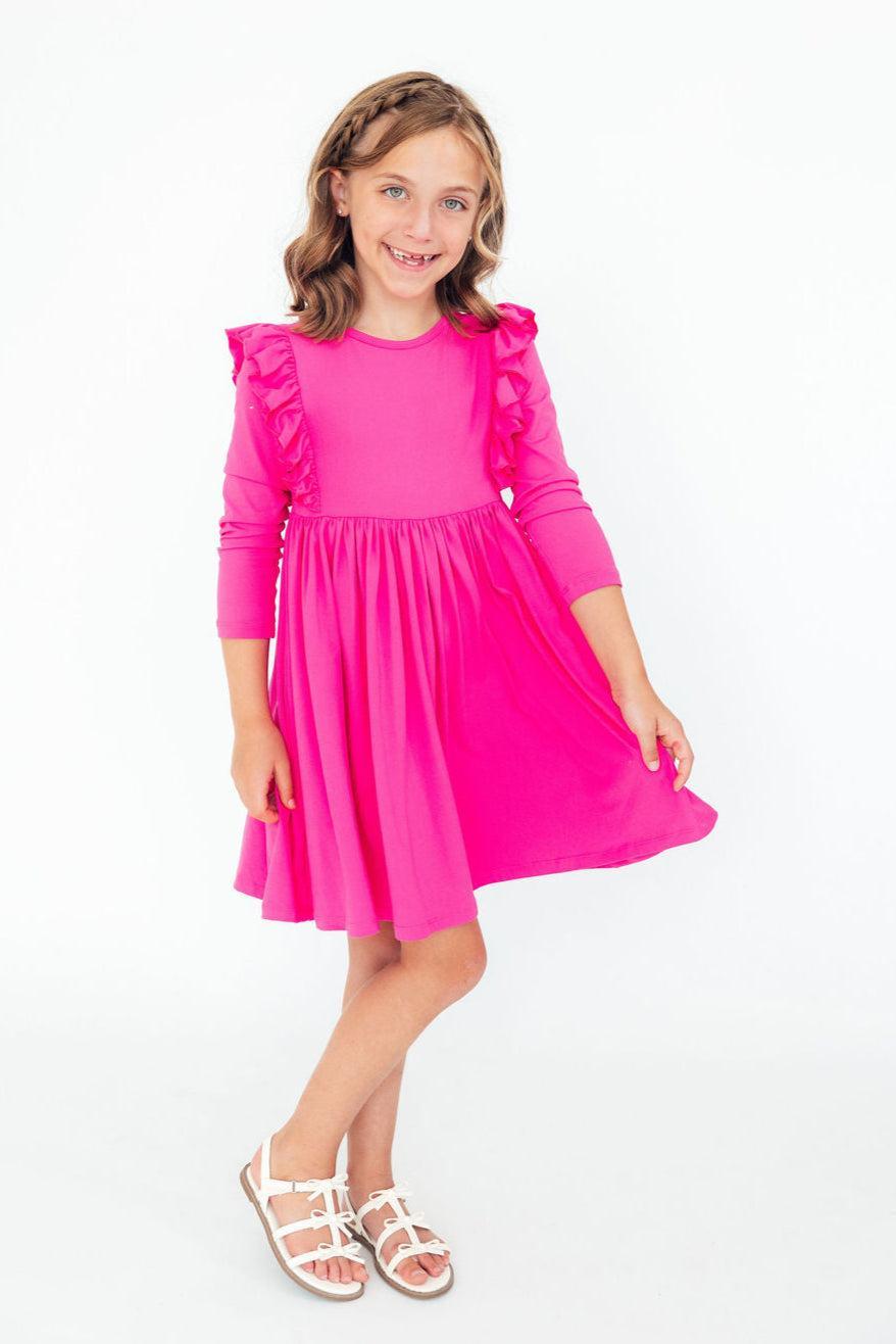 Hot Pink Long Sleeve Ruffle Twirl Dress Mila & Rose