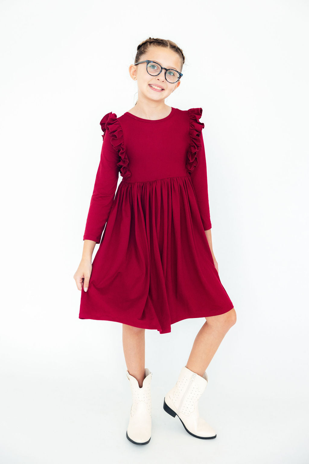 Burgundy Long Sleeve Ruffle Twirl Dress Mila & Rose