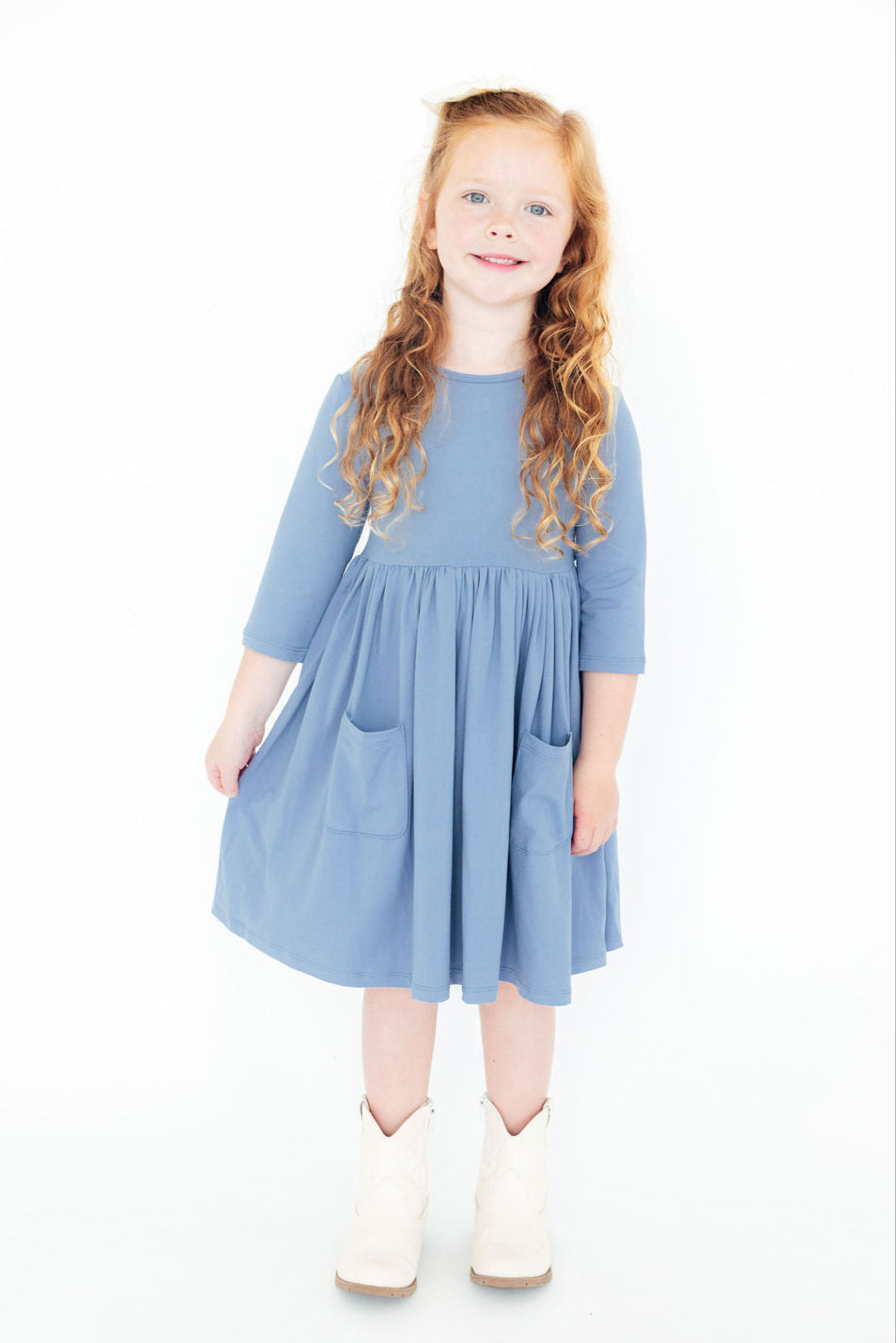 Dusty Blue Twirl Dress 3/4 Sleeve Pocket Dress