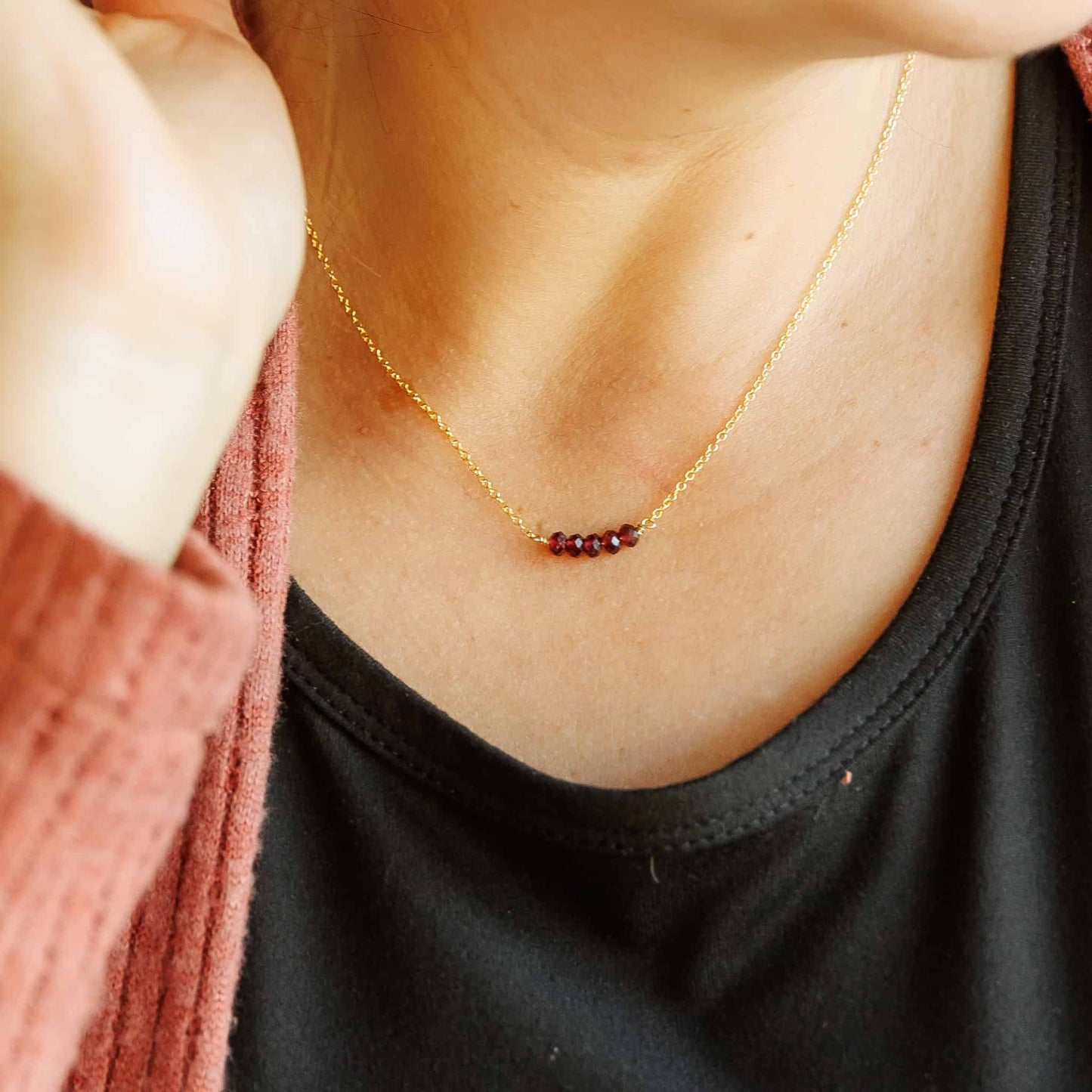 Mini Red Garnet Dainty Necklace Sela Designs