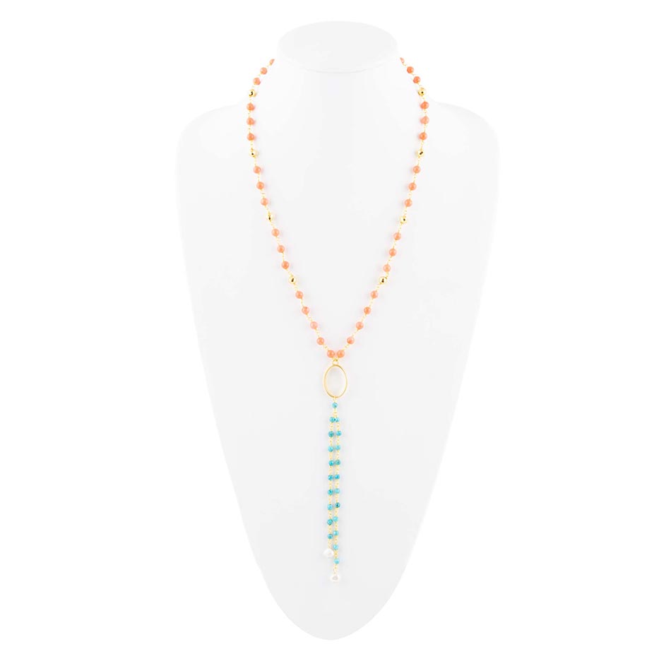 Multi Stone Orange Coral Golden Y-Neck