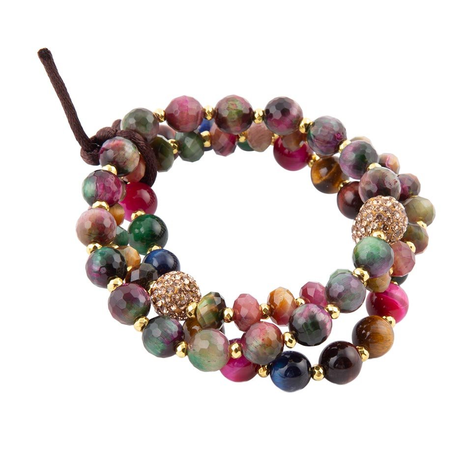 Jeweled Multicolor Tiger's Eye Triple Strand Golden Bracelet Set