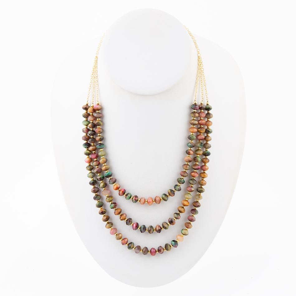 Jeweled Multi-Color Tiger's Eye Triple Strand Necklace