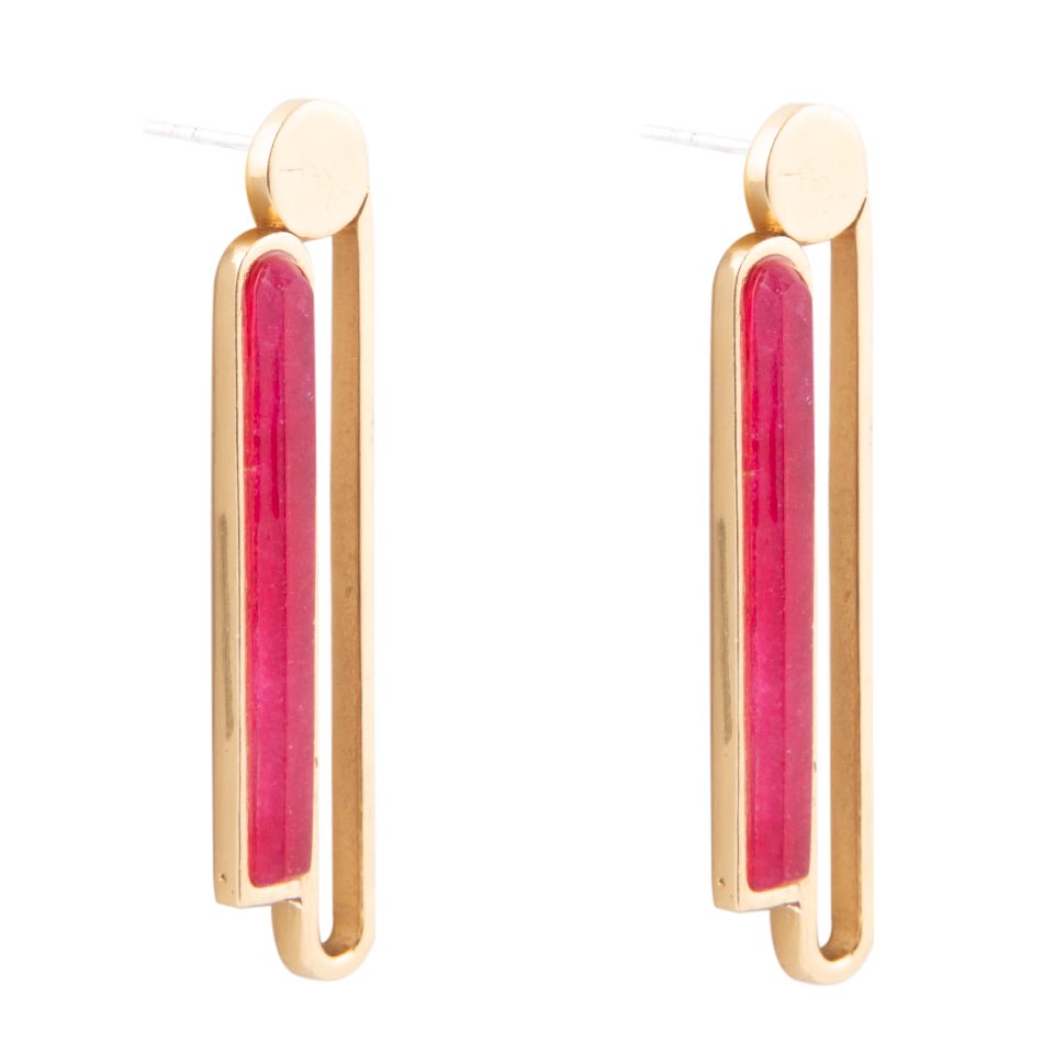 Pink Raspberry Quartz Elongated Golden Post Earrings