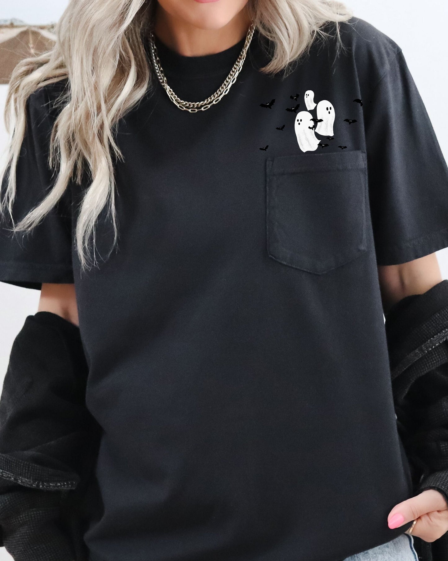 Halloween Pocket Tee Comfort Colors T-Shirt Flying Ghosts and Bats