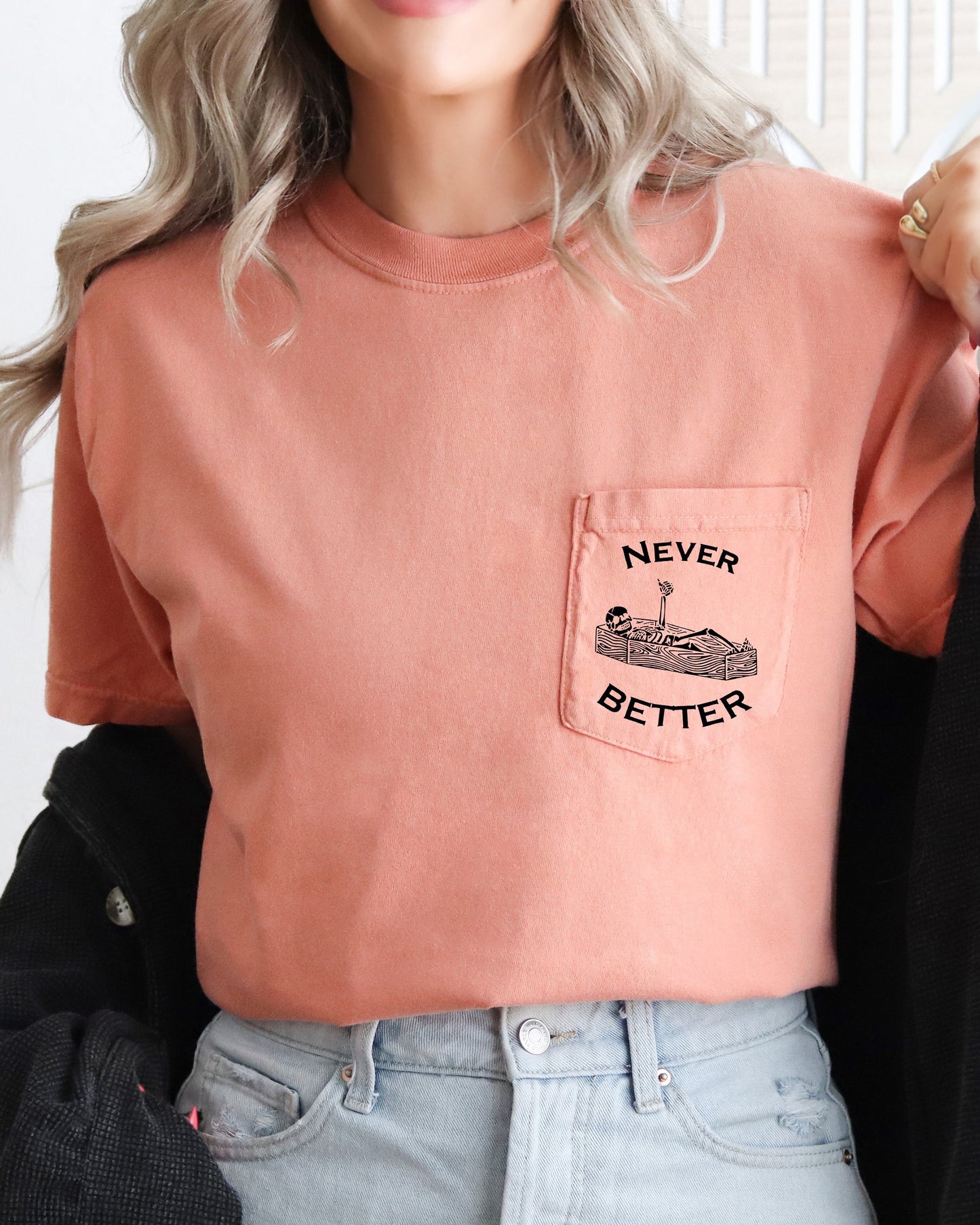 Skeleton Halloween Pocket Tee Comfort Colors T-Shirt Never Better